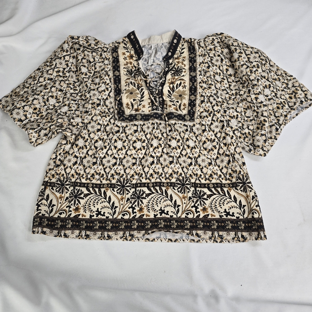 Anthropologie Ivory and Black Floral Print Boho Blouse